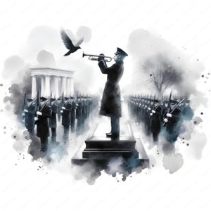 K&ouml;nnte beinhalten: Ein Schwarzwei&szlig;-Aquarellbild einer Milit&auml;rzeremonie. Ein Soldat in Uniform spielt Trompete, w&auml;hrend er auf einer Plattform steht. Ein Schwarm V&ouml;gel fliegt &uuml;ber ihm hinweg. Eine Reihe von Soldaten steht im Hintergrund stramm.