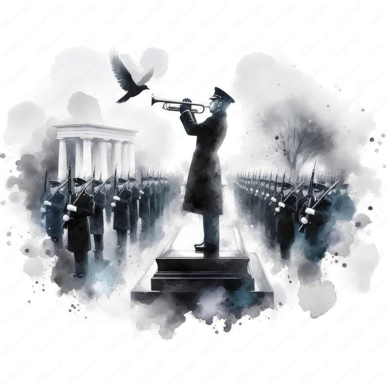 K&ouml;nnte beinhalten: Ein Schwarzwei&szlig;-Aquarellbild einer Milit&auml;rzeremonie. Ein Soldat in Uniform spielt Trompete, w&auml;hrend er auf einer Plattform steht. Ein Schwarm V&ouml;gel fliegt &uuml;ber ihm hinweg. Eine Reihe von Soldaten steht im Hintergrund stramm.