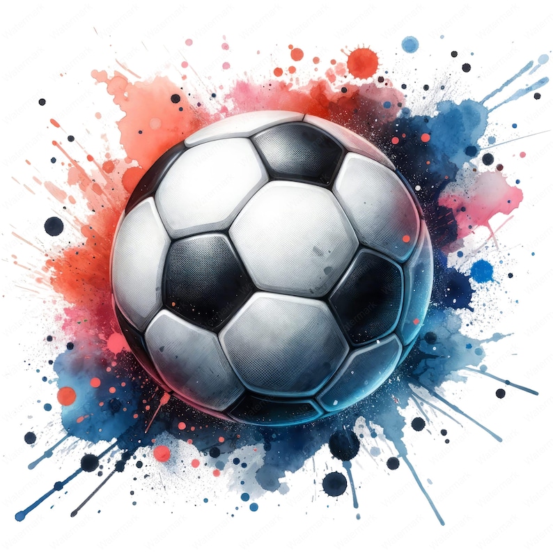 Puede incluir: Un bal&oacute;n de f&uacute;tbol blanco y negro con un fondo de acuarela de salpicaduras rojas, azules y blancas.