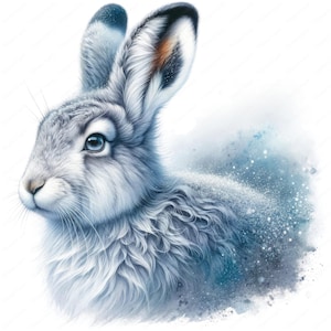 Puede incluir: Primer plano de un conejo blanco con ojos azules. El conejo está cubierto de una ligera capa de nieve. El fondo es una suave acuarela azul.