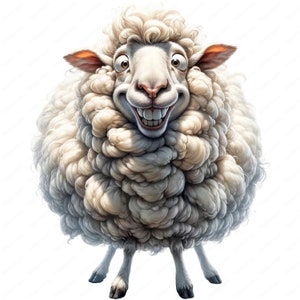 May include: A white sheep with a fluffy coat and a wide, toothy grin. The sheep has large, round eyes and a pink nose.