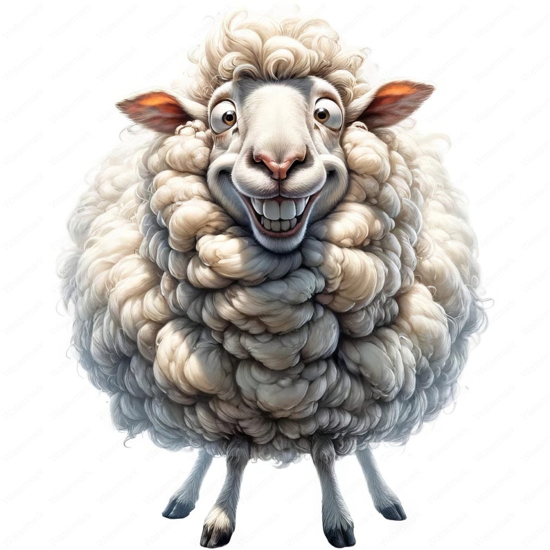May include: A white sheep with a fluffy coat and a wide, toothy grin. The sheep has large, round eyes and a pink nose.