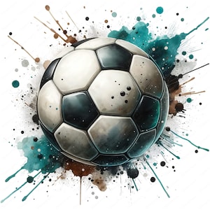 Puede incluir: Un bal&oacute;n de f&uacute;tbol blanco y negro con una superficie texturizada, rodeado de una salpicadura de pintura acuarela turquesa y marr&oacute;n.