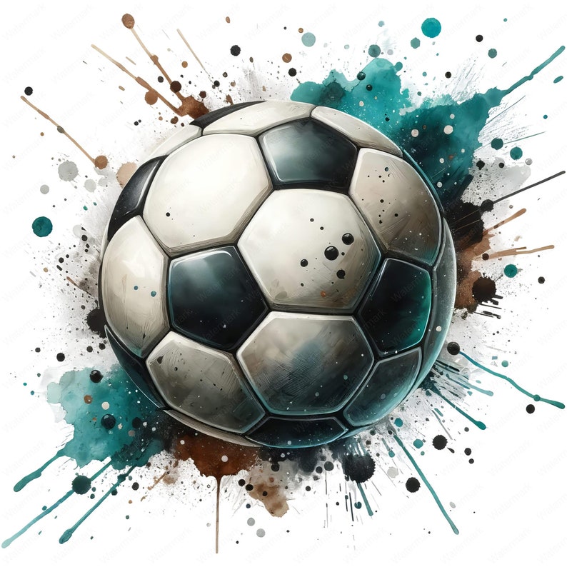 Puede incluir: Un bal&oacute;n de f&uacute;tbol blanco y negro con una superficie texturizada, rodeado de una salpicadura de pintura acuarela turquesa y marr&oacute;n.