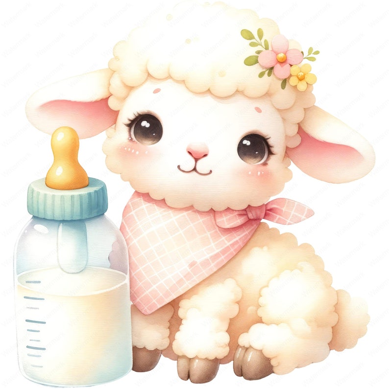 May include: A cute white lamb with a pink bandana and a flower crown is holding a blue baby bottle filled with milk.