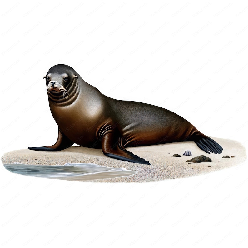May include: A brown and grey California sea lion is lying on a sandy beach with a small body of water in the foreground.