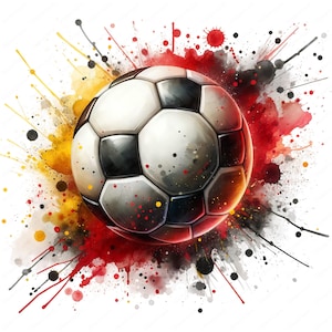 Puede incluir: Un bal&oacute;n de f&uacute;tbol blanco y negro con un efecto de salpicadura de acuarela en tonos rojos, amarillos y negros.