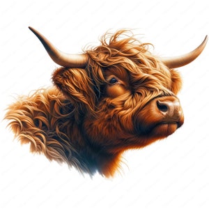 May include: A close-up portrait of a Highland cow with long, reddish-brown fur and large, expressive eyes. The cow has a shaggy mane and a long, curved horn.