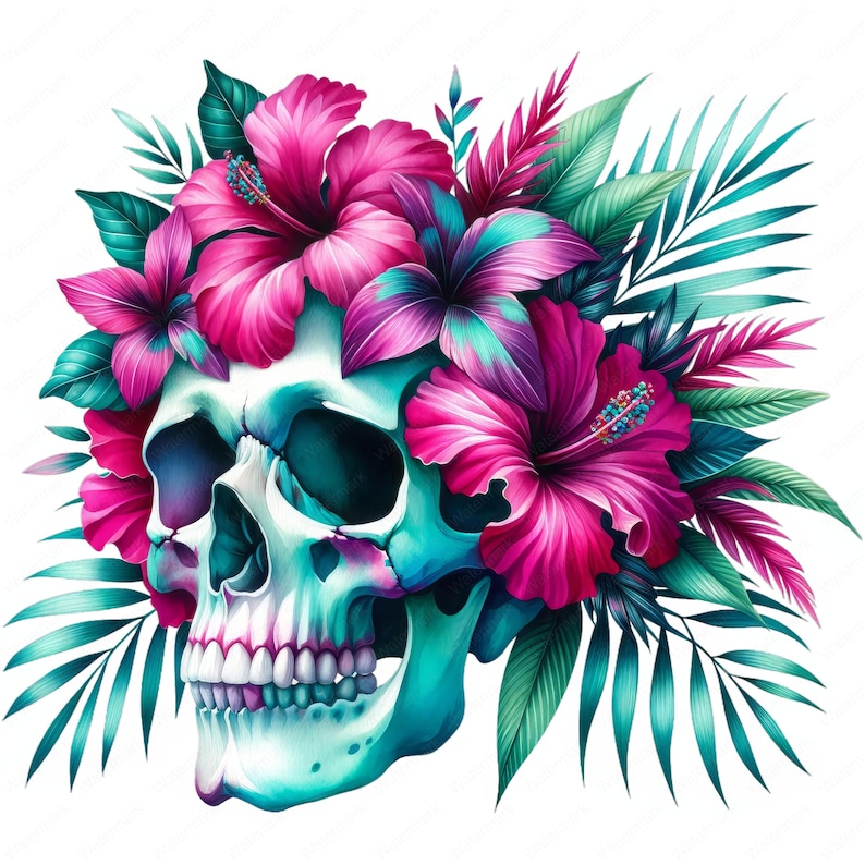 Puede incluir: Un cr&aacute;neo humano turquesa adornado con flores de hibisco rosas y moradas y hojas tropicales verdes.