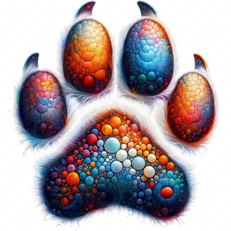 May include: A colorful paw print made of small circles in shades of blue, orange, red, and yellow. The paw print is on a white background.
