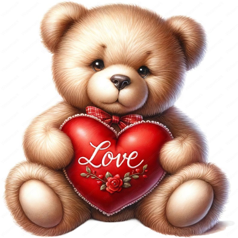 May include: A brown teddy bear holding a red heart-shaped pillow with the word "Love" embroidered on it.