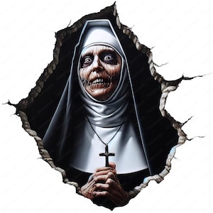 May include: A scary-looking nun with a white habit and a black veil, holding a cross. Her face is pale and her eyes are wide with a sinister expression. The nun is emerging from a hole in a wall, creating a spooky and eerie effect.