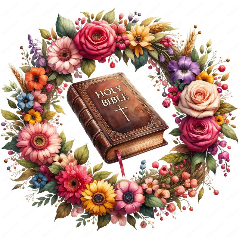 May include: A brown leather-bound Holy Bible with gold lettering and a cross, surrounded by a vibrant floral wreath. The wreath features pink, red, yellow, and purple flowers with green leaves, creating a colorful and decorative design.