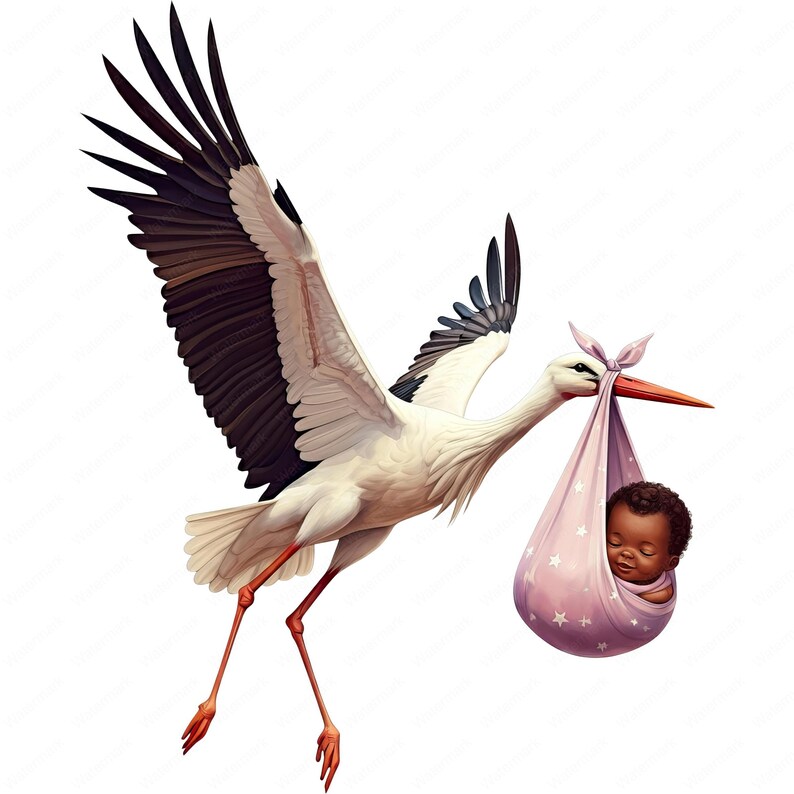 May include: A white stork with black wings carries a pink swaddled baby in its beak. The baby has dark skin and is sleeping peacefully.