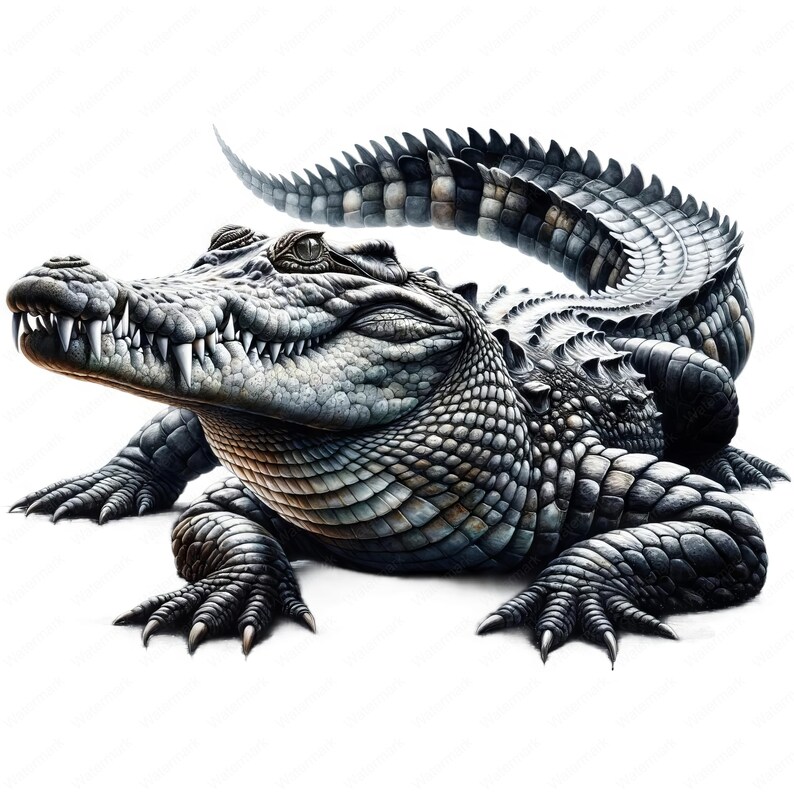 May include: A detailed illustration of a crocodile with a gray and black color scheme. The crocodile is lying on its belly with its head turned to the side and its mouth slightly open, revealing sharp teeth. The crocodile's scales are visible and textured.