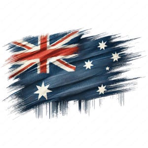 May include: A stylized, abstract brushstroke painting of the Australian flag. The flag is blue with a white Southern Cross constellation and a red, white, and blue Union Jack in the upper left corner.