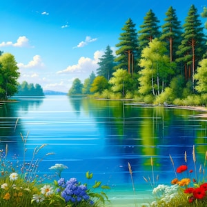 Può includere: Un dipinto di paesaggio pittoresco che presenta un lago tranquillo circondato da alberi verdi lussureggianti e un cielo blu brillante. L'acqua riflette gli alberi e il cielo, creando una scena serena e pacifica.