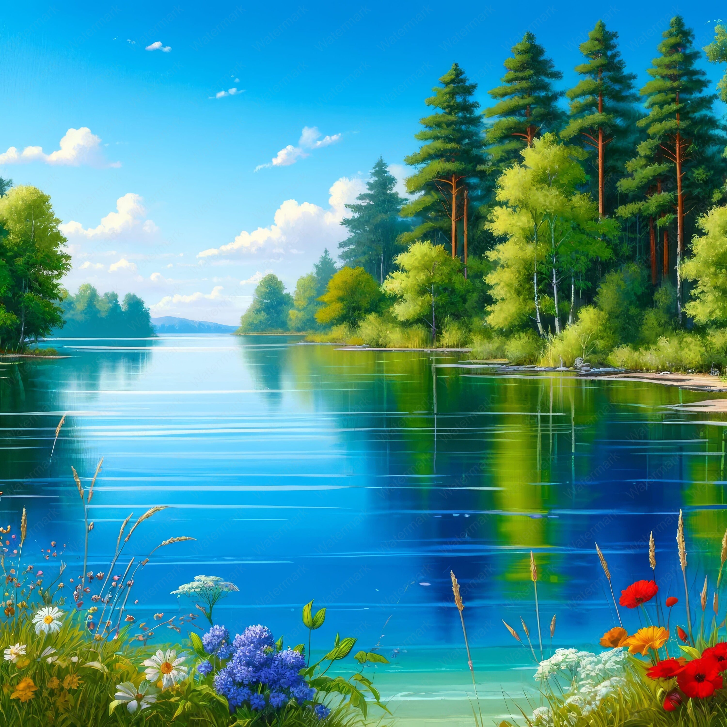 Summer Lake Clipart: Vibrant Landscape Art (Digital Download)