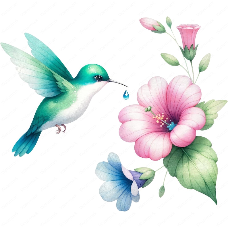 May include: A watercolor painting of a hummingbird with green and blue feathers, drinking nectar from a pink hibiscus flower. The hummingbird is in flight and has a drop of nectar hanging from its beak. The hibiscus flower has a yellow center and is surrounded by green leaves.