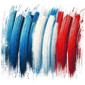 May include: Abstract artwork featuring vertical brushstrokes in blue, white, and red, resembling a flag. The strokes have a textured appearance, with visible brush marks and a slight gradient in the colors. The artwork is set against a white background.
