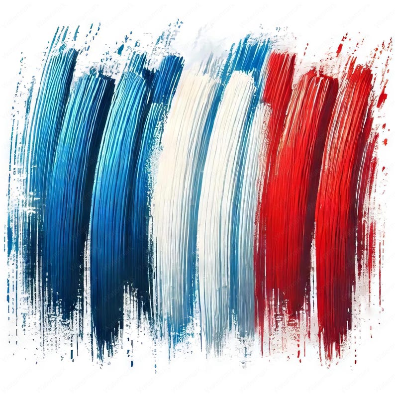 May include: Abstract artwork featuring vertical brushstrokes in blue, white, and red, resembling a flag. The strokes have a textured appearance, with visible brush marks and a slight gradient in the colors. The artwork is set against a white background.