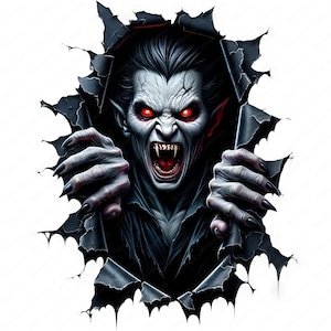 Puede incluir: Una ilustraci&oacute;n aterradora y detallada de un vampiro con ojos rojos brillantes y dientes afilados, que sale de una pared gris oscuro rasgada.