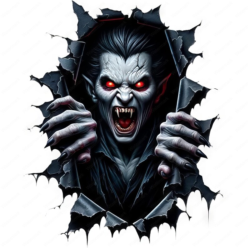 Puede incluir: Una ilustraci&oacute;n aterradora y detallada de un vampiro con ojos rojos brillantes y dientes afilados, que sale de una pared gris oscuro rasgada.