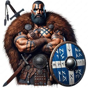 Könnte beinhalten: Ein wilder Krieger mit langem Bart und blauer Gesichtsbemalung, der einen braunen Pelzmantel trägt und ein Schwert und einen runden Schild mit blauen und weißen Runen hält.