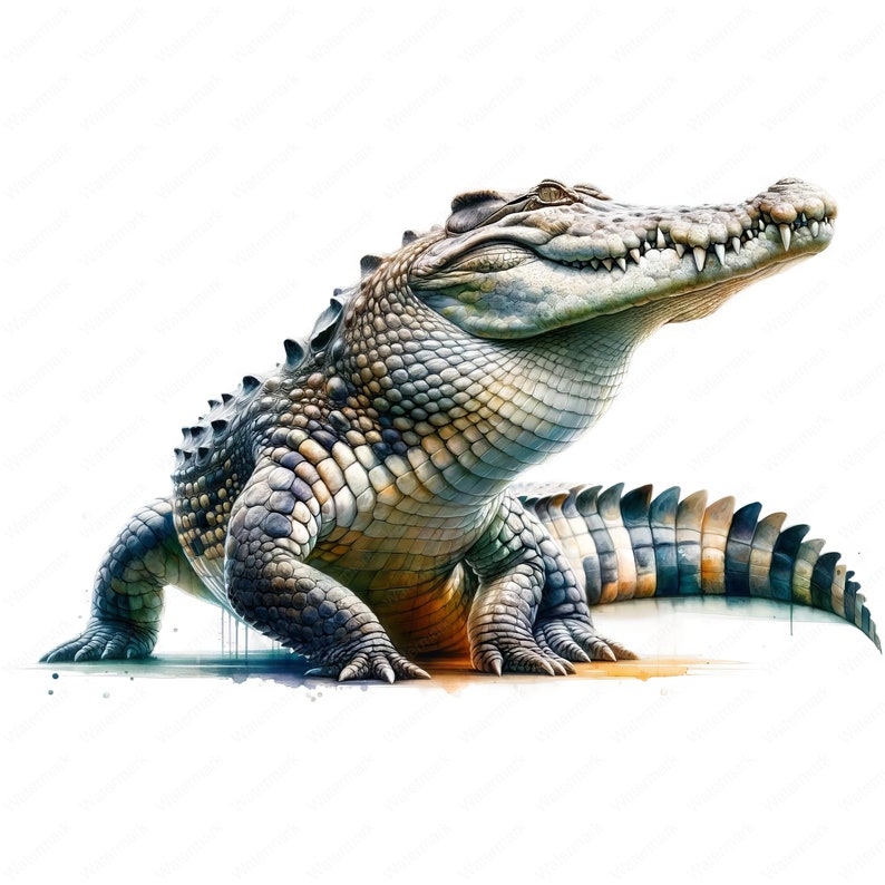 May include: A detailed watercolor painting of a crocodile with a green, brown, and black patterned skin. The crocodile is sitting on a white background with a few watercolor splatters.