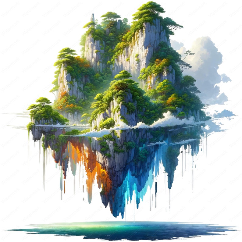 May include: A floating island with lush green trees and rocky cliffs. The island is surrounded by clouds and appears to be dripping with colorful paint.