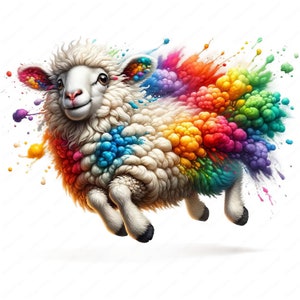 May include: A white sheep with a fluffy coat is jumping in the air. The sheep is covered in colorful paint splatters, creating a rainbow effect.