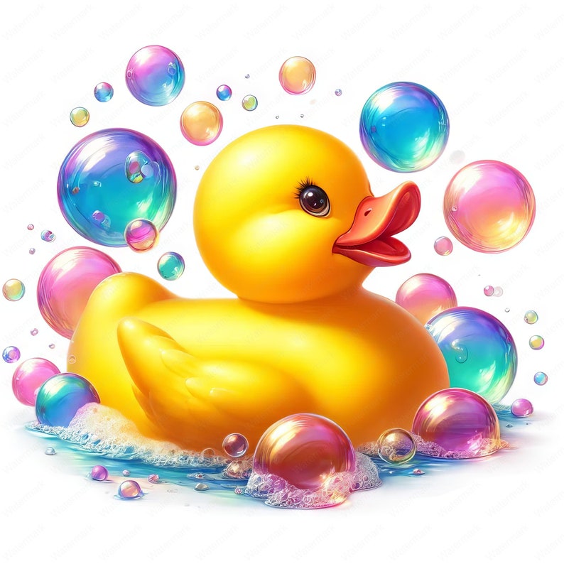 Puede incluir: Un pato de goma amarillo flotando en un ba&ntilde;o de agua jabonosa con burbujas iridiscentes que lo rodean.
