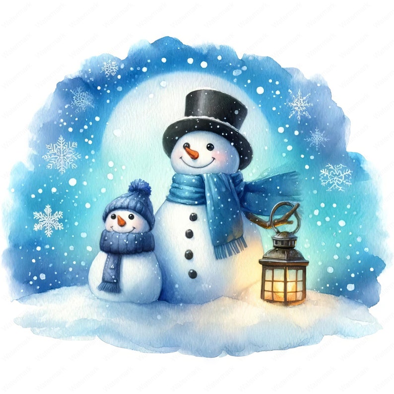 以下が含まれることがあります： 雪景色の中に立つ2人の雪だるまを描いた水彩画。大きな雪だるまは黒いシルクハットと青いマフラーを身につけている。小さな雪だるまは青い帽子とマフラーを身につけている。雪だるまの前に灯りがともった提灯がある。