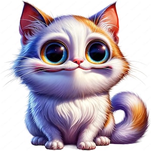 May include: A white and orange cat with large blue eyes and a fluffy white body. The cat is sitting with its tail curled around its legs and has a friendly expression.