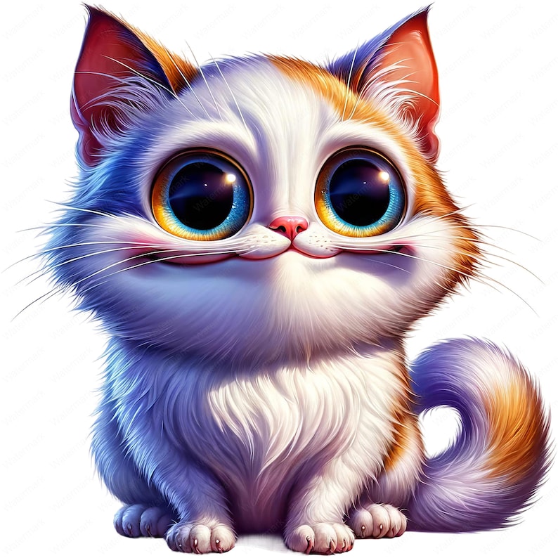 May include: A white and orange cat with large blue eyes and a fluffy white body. The cat is sitting with its tail curled around its legs and has a friendly expression.