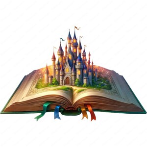 May include: An open book with a magical castle rising from its pages. The castle is made of stone and has many towers and windows. The book is old and worn, with a green cover and gold accents.