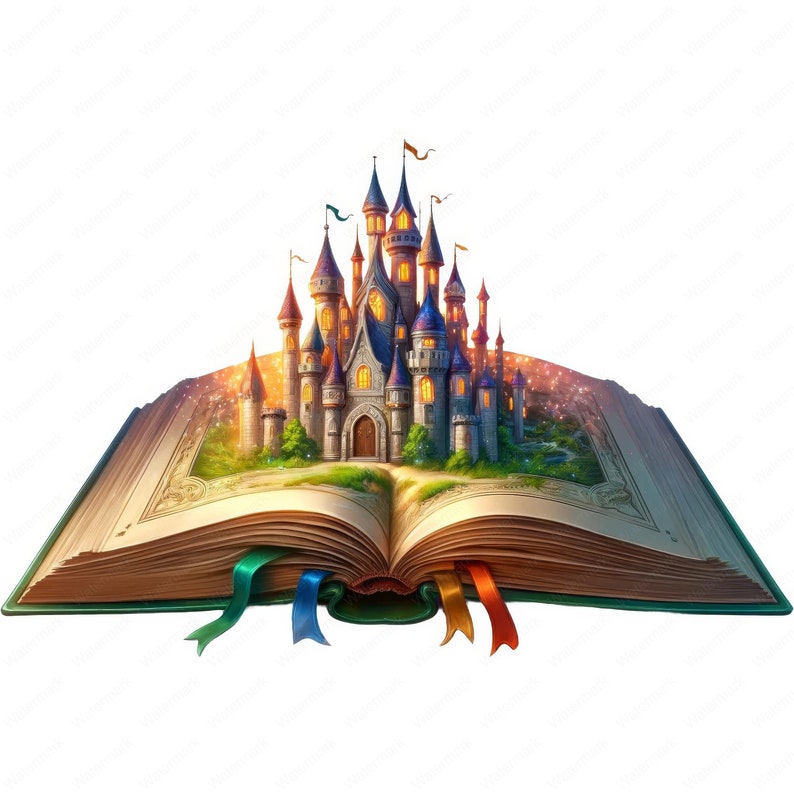 May include: An open book with a magical castle rising from its pages. The castle is made of stone and has many towers and windows. The book is old and worn, with a green cover and gold accents.