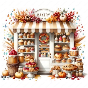 May include: A charming bakery storefront with a white awning and a sign that reads "BAKERY". The windows are filled with an assortment of pastries, cakes, and pies, including a variety of fruit tarts, cream puffs, and cookies. There are also pumpkins and fall foliage decorating the storefront.