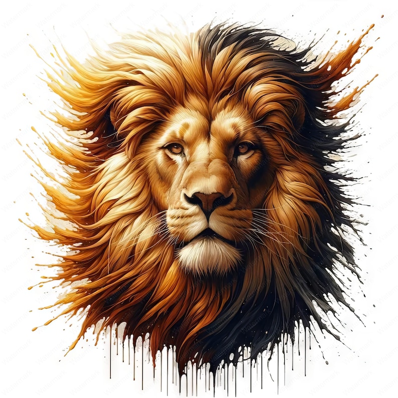 Pu&ograve; includere: Un leone maestoso con una criniera fluente di colore marrone dorato e nero. Il viso del leone &egrave; incorniciato da uno schizzo di vernice, creando un effetto drammatico e artistico.
