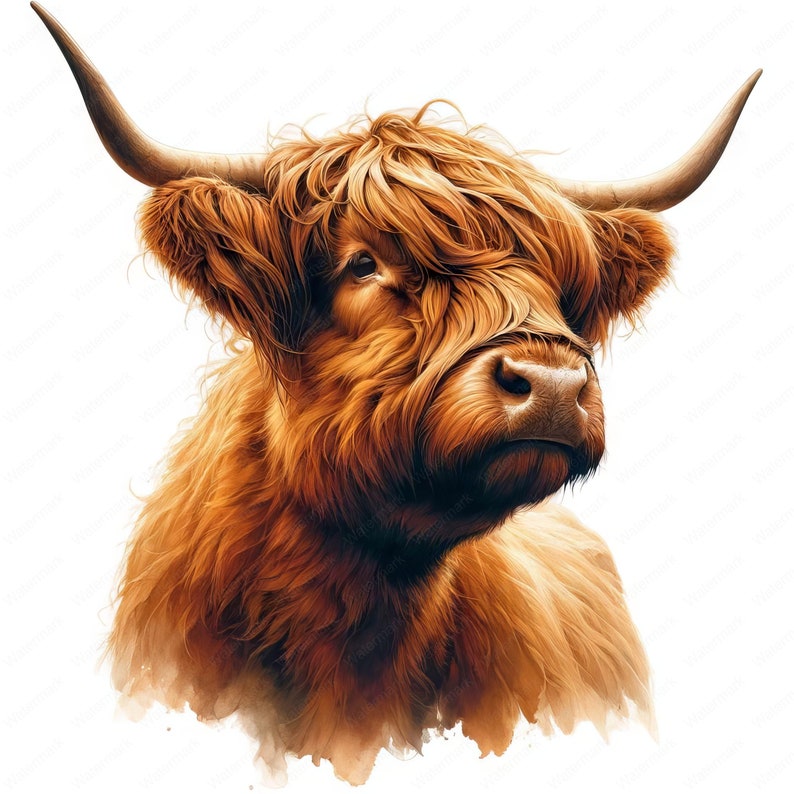 May include: A close-up portrait of a Highland cow with long, reddish-brown fur and large horns. The cow has a gentle expression and its fur is slightly disheveled.