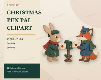 Christmas Pen Pal Clipart Bundle, 15 Papercut Woodland Animal PNGs, Holiday Mail Digital Download