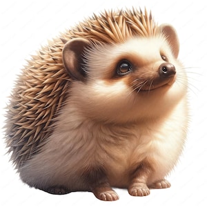 May include: A close-up of a small, brown and white hedgehog with a cute, smiling expression. The hedgehog has a light brown nose and dark brown eyes. Its spines are a light brown color.