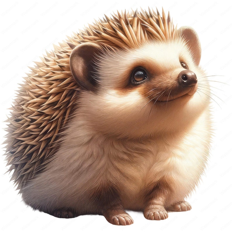 May include: A close-up of a small, brown and white hedgehog with a cute, smiling expression. The hedgehog has a light brown nose and dark brown eyes. Its spines are a light brown color.