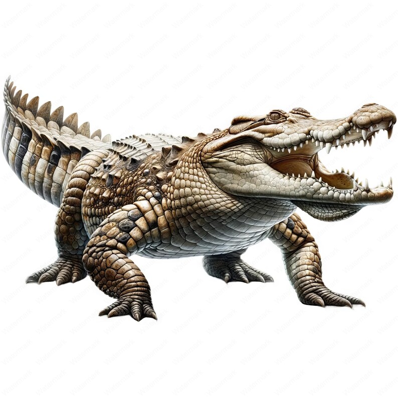 May include: A large, brown crocodile with its mouth open, showing sharp teeth. The crocodile has a textured, scaly skin and is standing on a white background.