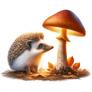 May include: A small hedgehog with brown and white fur sits on a bed of autumn leaves, looking up at a large, brown mushroom with a glowing white cap.