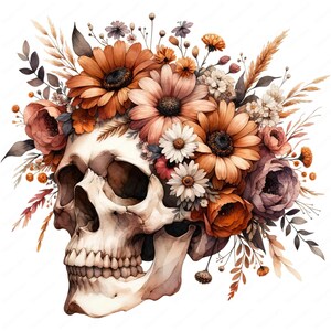 Puede incluir: Un cr&aacute;neo humano blanco con una corona de flores de oto&ntilde;o. Las flores son en tonos de naranja, marr&oacute;n y morado. El cr&aacute;neo est&aacute; mirando hacia la derecha.