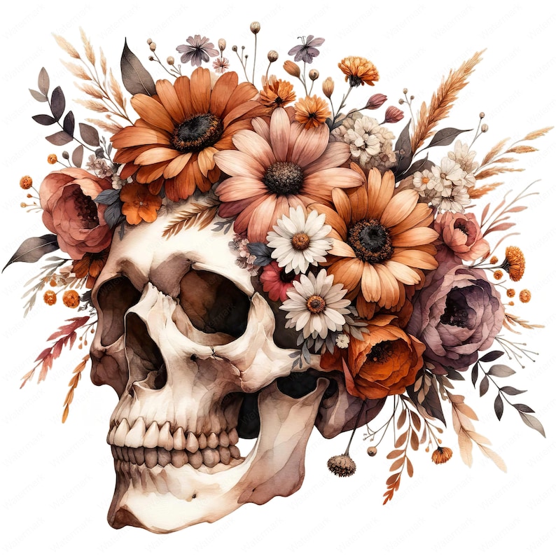 Puede incluir: Un cr&aacute;neo humano blanco con una corona de flores de oto&ntilde;o. Las flores son en tonos de naranja, marr&oacute;n y morado. El cr&aacute;neo est&aacute; mirando hacia la derecha.