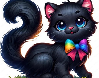 May include: A cartoon illustration of a black cat with large blue eyes and a rainbow bow tie. The cat is sitting on a patch of green grass. The cat's fur is black and fluffy, and its ears are pink.