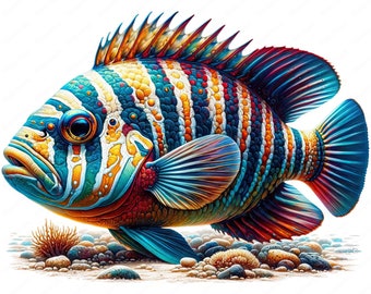 Paquete de imágenes prediseñadas de peces marinos vibrantes / Imprimibles de arte marino (Descarga digital)