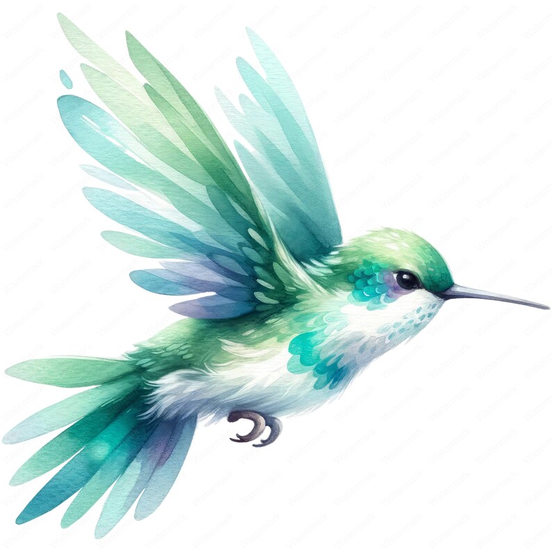 May include: A watercolor painting of a green hummingbird with blue and green wings in flight. The hummingbird is painted in a realistic style with delicate details.